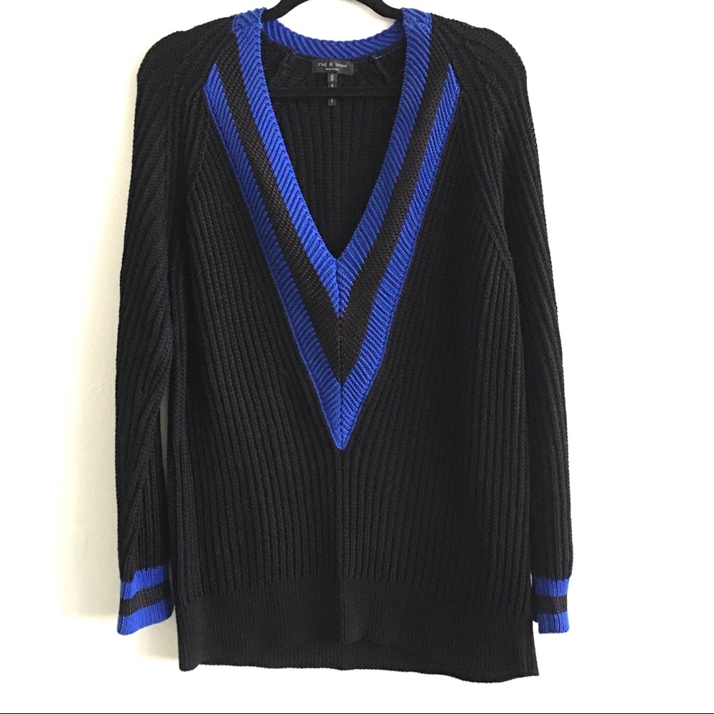 Rag & Bone Black Blue Deep V Neck Talia Sweater